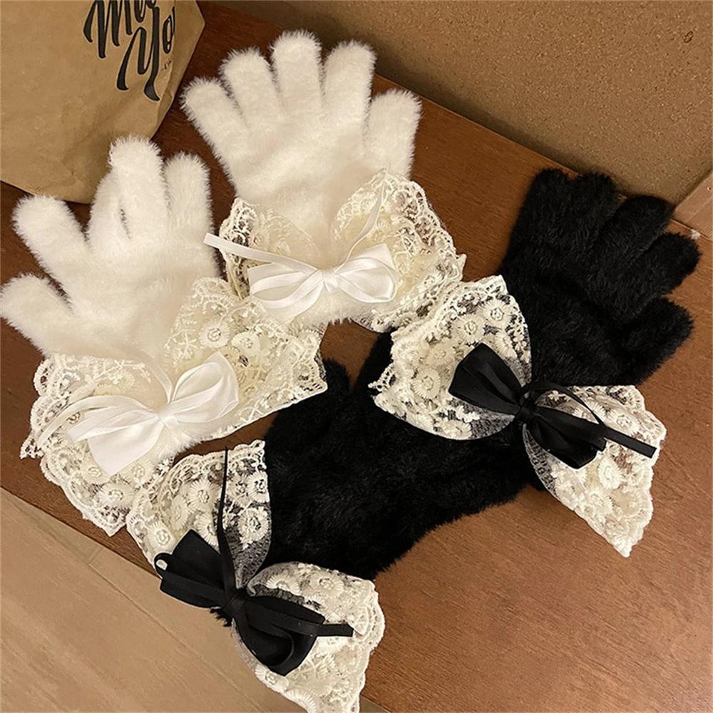 Lolita Winter Warm Knitted Full Finger Gloves Women's Ribbon Ties Lace Gloves Lady Thickened Fleece Woolen Mittens Warm