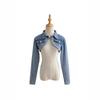 Womens Short Cropped Denim Jacket With Shawl Collar Retro Biker Style High Waist Sexy Fit