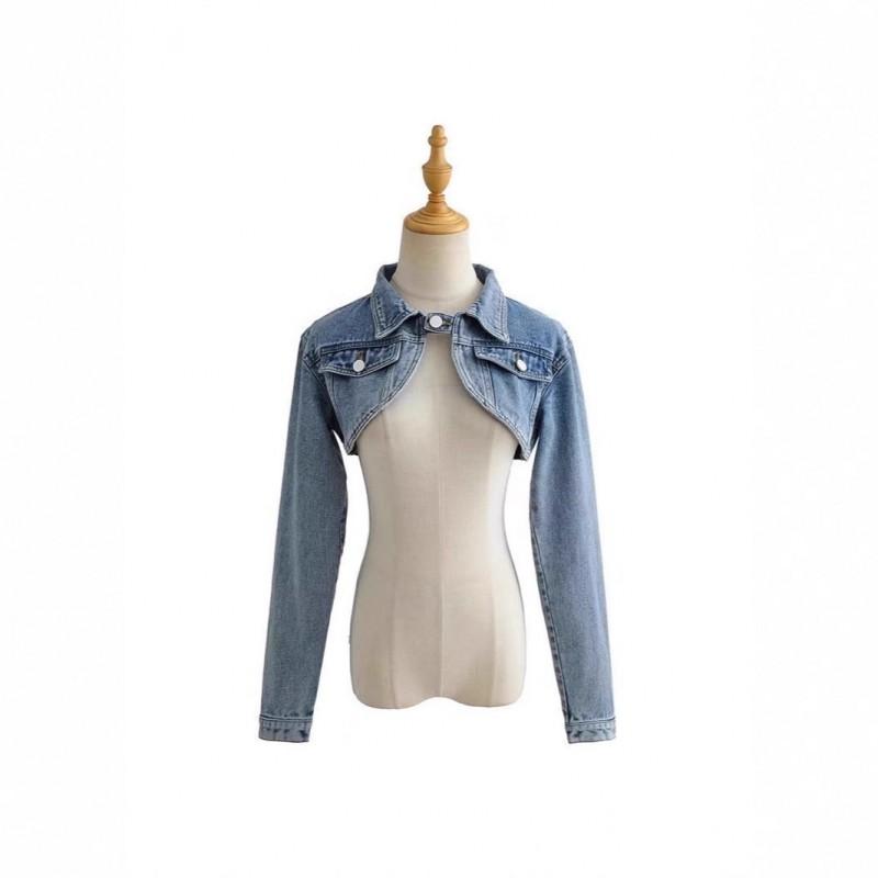Womens Short Cropped Denim Jacket With Shawl Collar Retro Biker Style High Waist Sexy Fit