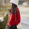 Women's Red Cashmere Fair Isle Heavy Knit Sweater - Autumn/Winter Round Neck, Super Thick and Stylish.