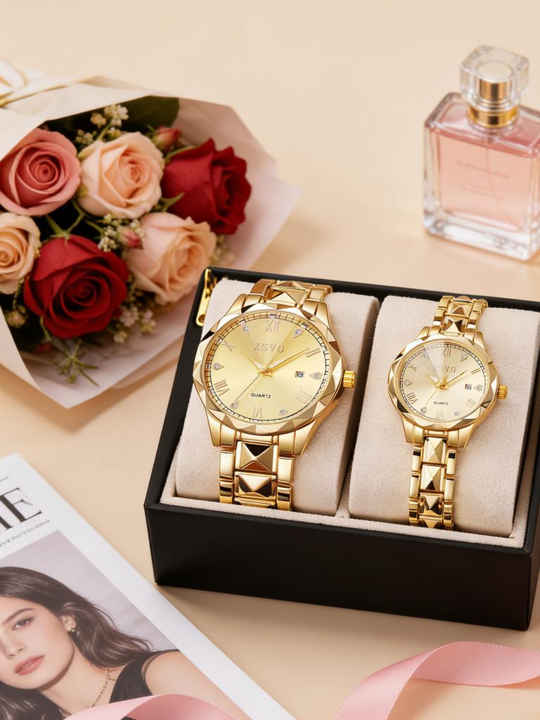 Luxury Couple Quartz Watch with Diamond Roman Dial Calendar Steel Band Couple Watch Set