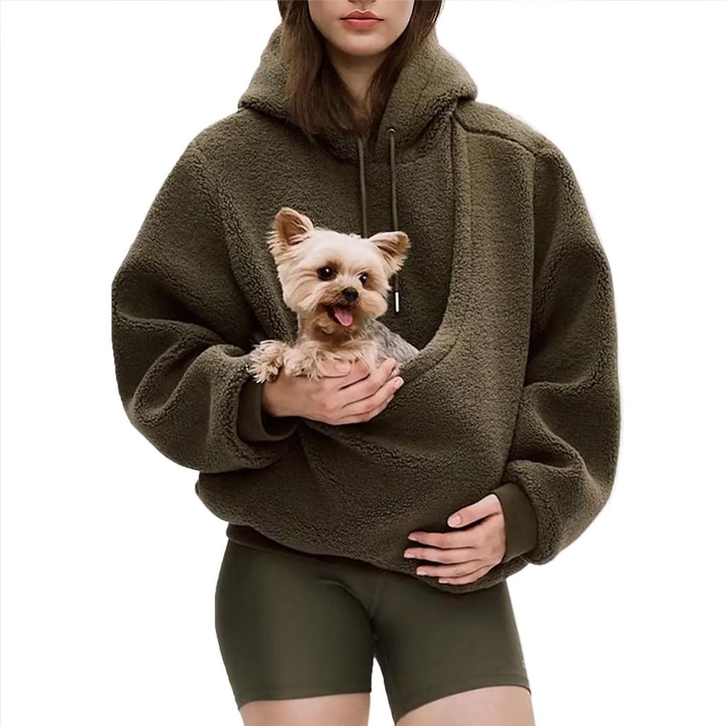 New Women's Loose Pullover Hoodie, Solid Color Plush Pet Pouch, Autumn Winter European American Style Crossborder Top