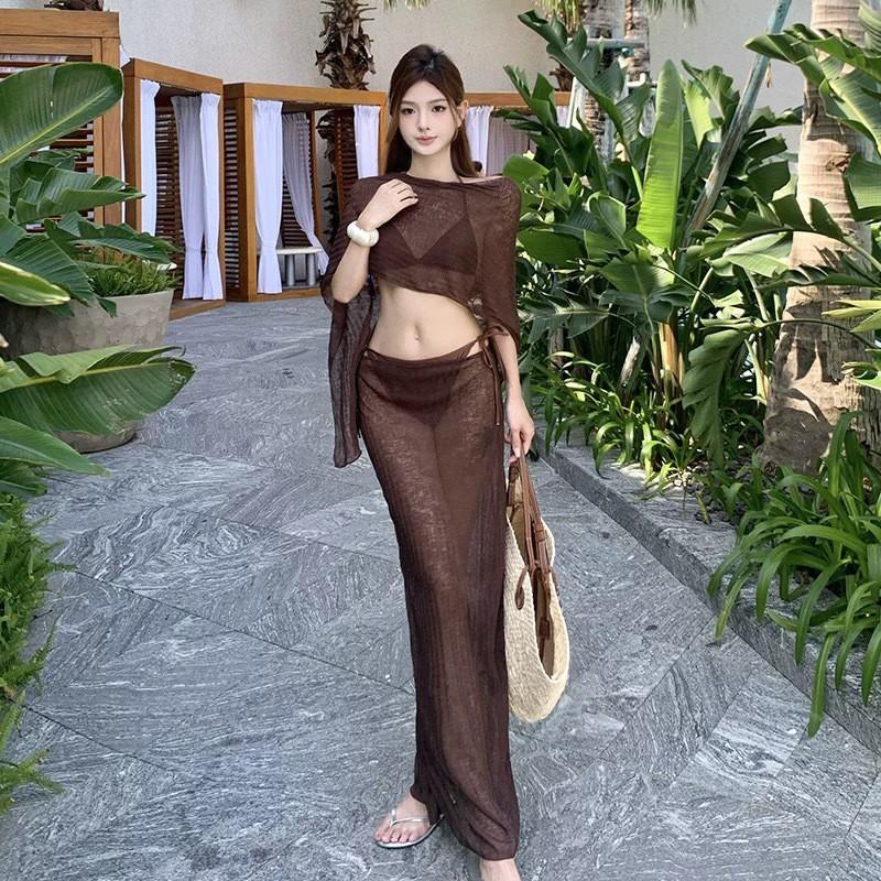 

American Retro Hot Girl Style One-word Shawl Four-piece Swimsuit Women s Long Dress Vacation Slimming Split Bikini Woman S