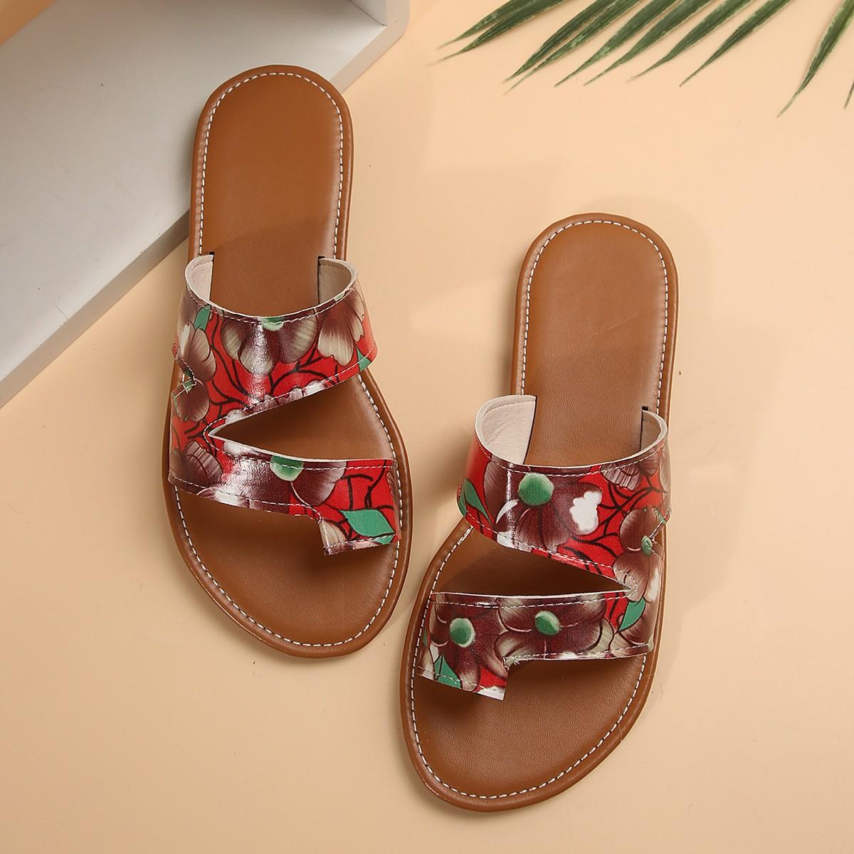 

Модные шлепанцы с принтом на носке большого размера, женские, летние 2025, новая мода, универсальная ретро-повседневная обувь 43 красный