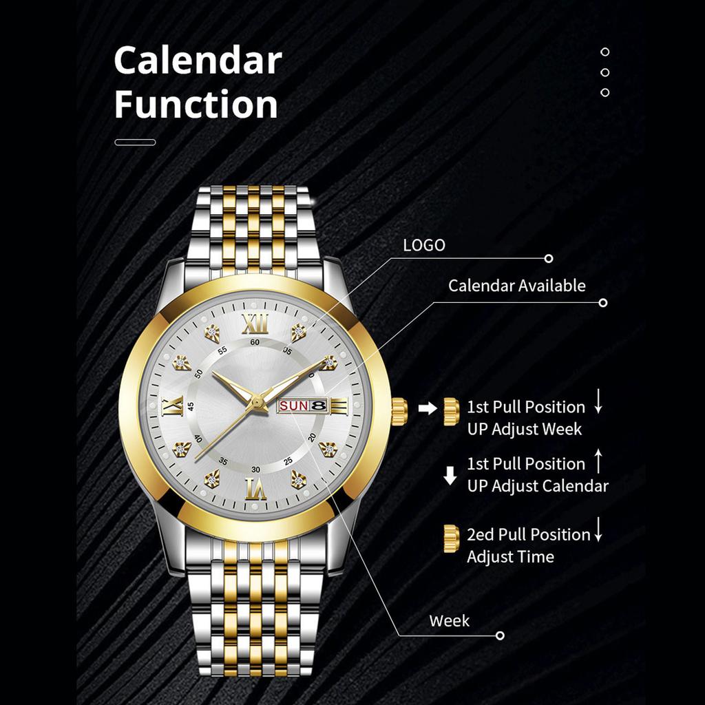 Watch for Men Quartz Day Date Waterproof Casual Luxury Luminous Fashion Dress Watch with Alloy Watchband for Business Gold White