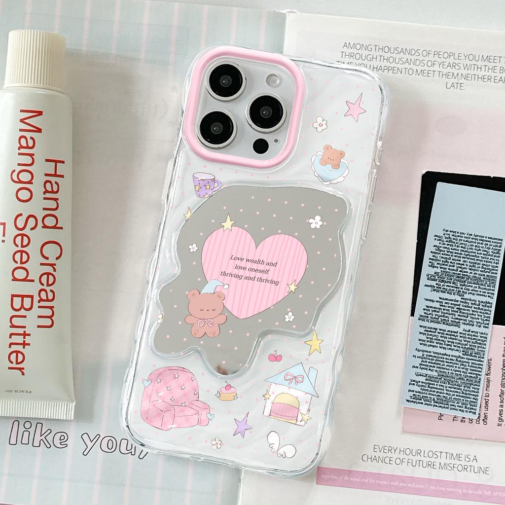 Love Bear Wave Mirror Is Suitable for Apple 16/15/iphone13promax Huawei Makeup Mirror Mobile Phone Case