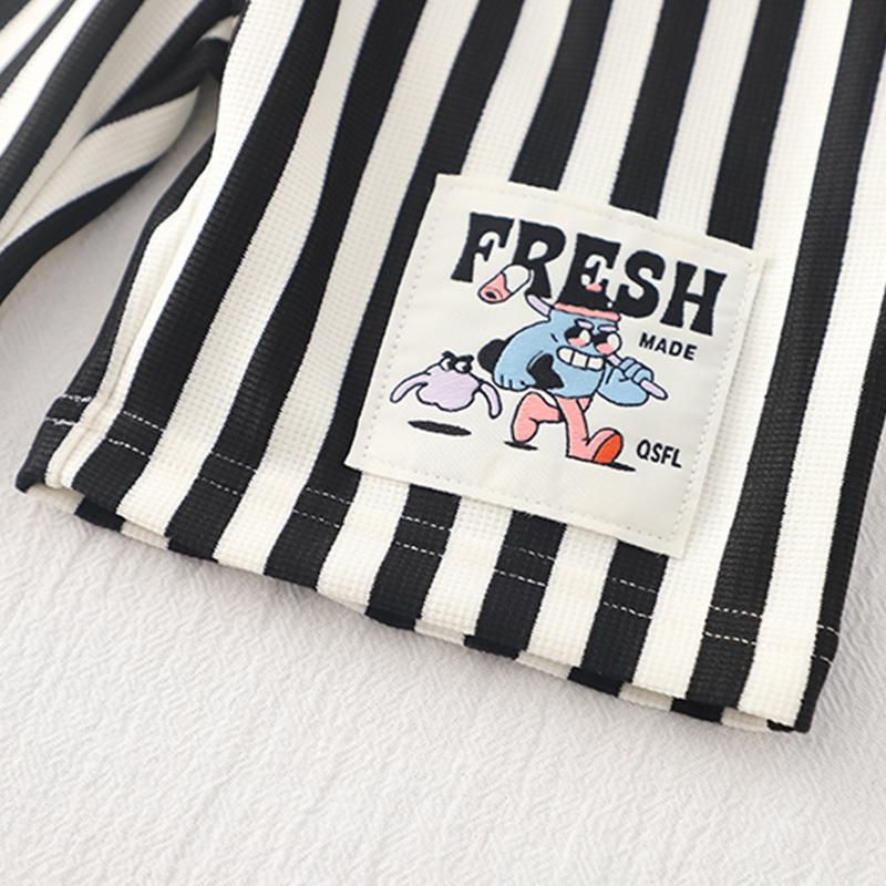 Boys' 2-Piece Cotton Set - Round Neck Cartoon T-shirt + Casual Striped Shorts - High-Quality Casual Outfit -S-XXL