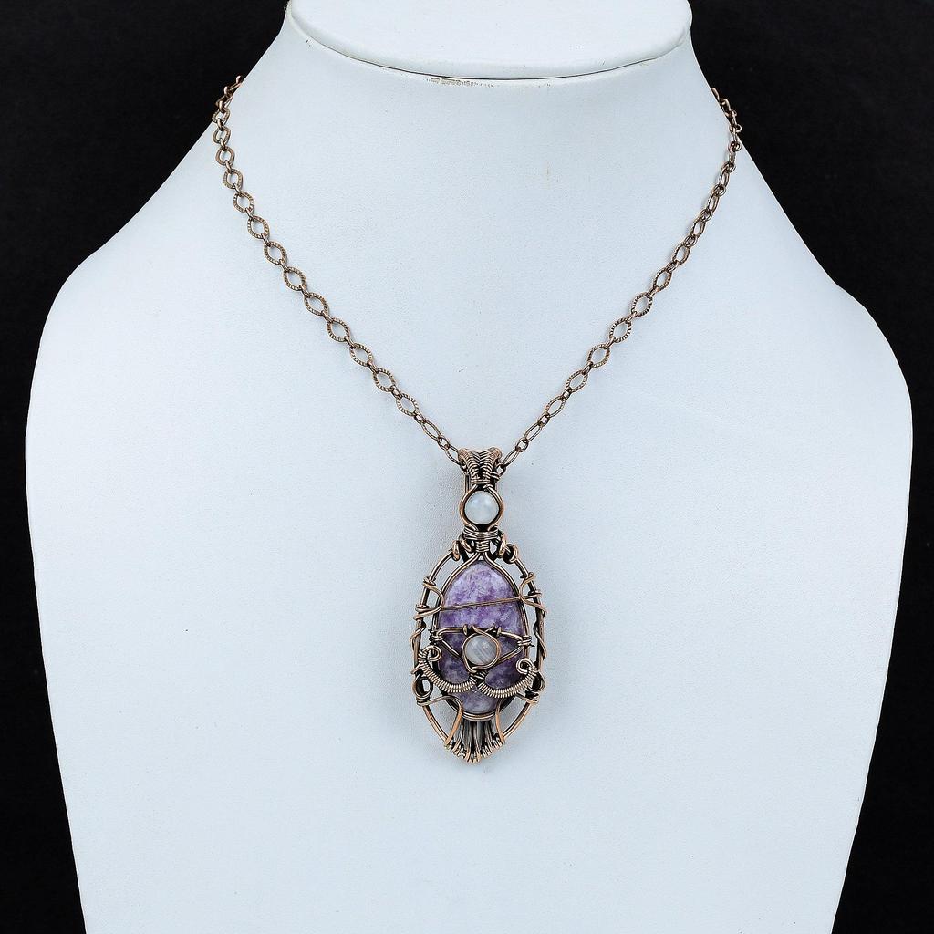 Evil Eye Lepidolite Pendant Copper Wire Wrapped Pendant Rainbow Moonstone Gemstone Pendant Gift For Her Copper Wire Jewelry Handmade Pendant