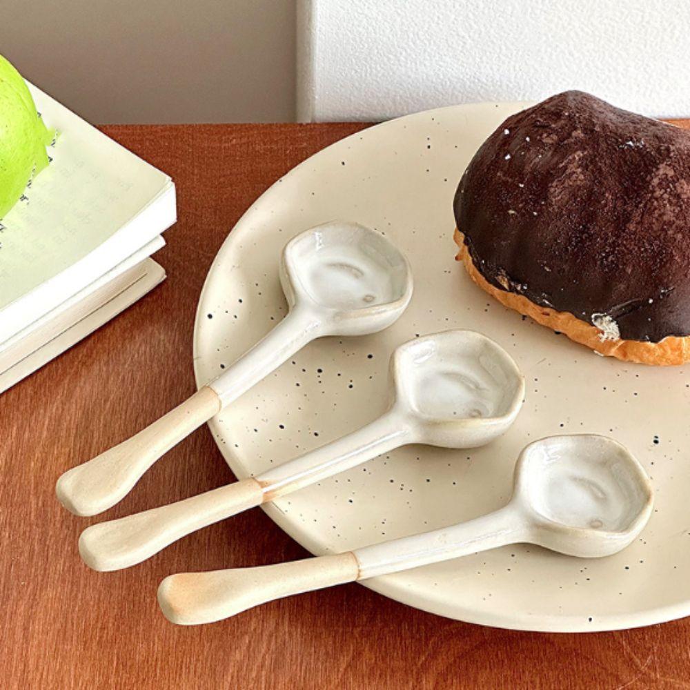 4PCS Handmade Japanese Rustic Pottery Spoon Under-glaze Painting Dessert Spoon Soup Spoon  Kitchen
