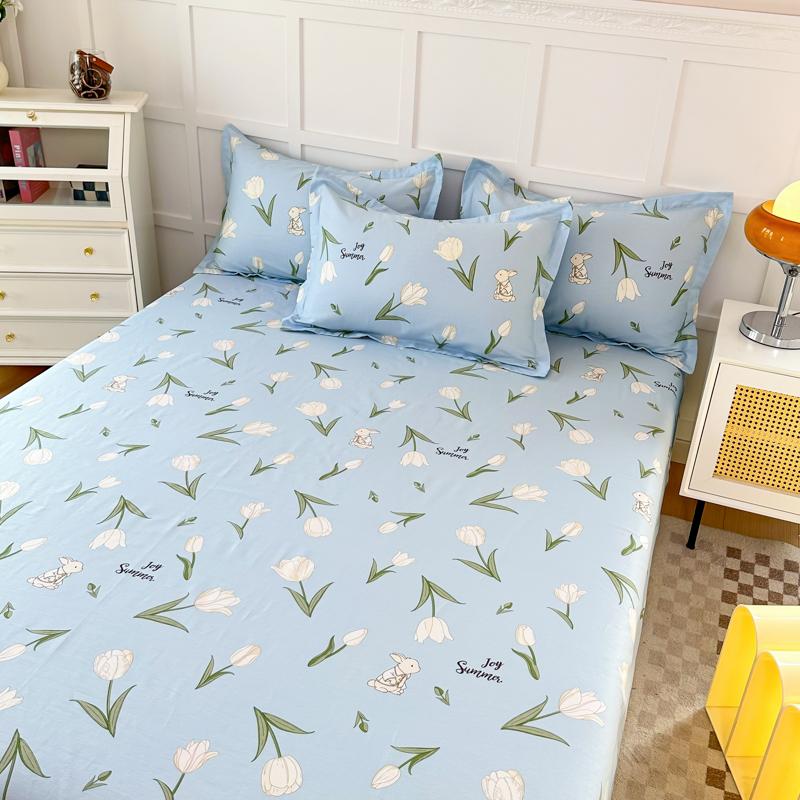 White Tulip Flower Flat Sheet Cotton Cartoon Bunny Blue Bed Sheet Set for Boys Girls Lovely Floral Rabbit Botanical Bed Cover