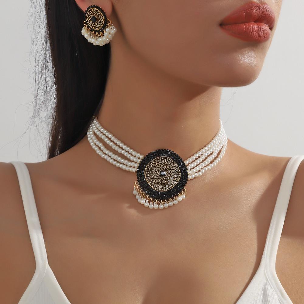 Imitation Pearl Retro Jewelry Set Luxury Choker Necklace Set Rhinestone Necklace Earrings  Wedding