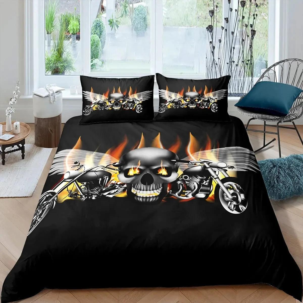 Skull Duvet Cover Set Queen,3D Printed Black Skull Bedding Set ,Halloween Decor Motorcycle Comforter Cover Set Microfibe Quilt EU single(135x200cm)
