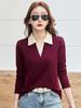 2025 Autumn Color Block Polo T-Shirt for Women: Long-Sleeved, Fake Two-Piece Design for Middle-Aged Mothers