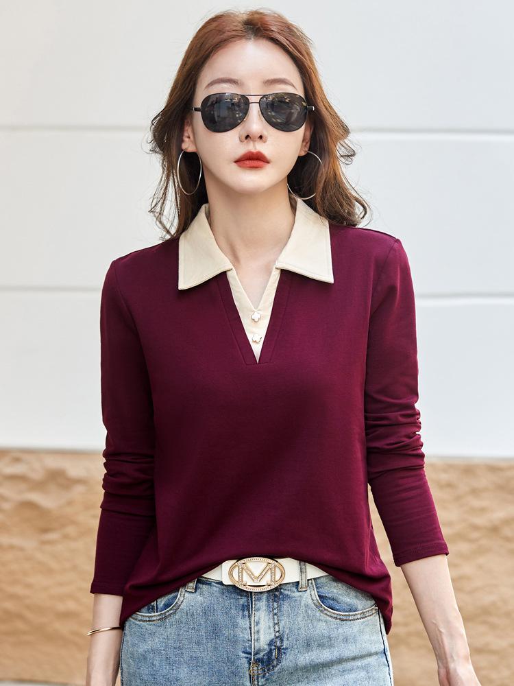 2025 Autumn Color Block Polo T-Shirt for Women: Long-Sleeved, Fake Two-Piece Design for Middle-Aged Mothers