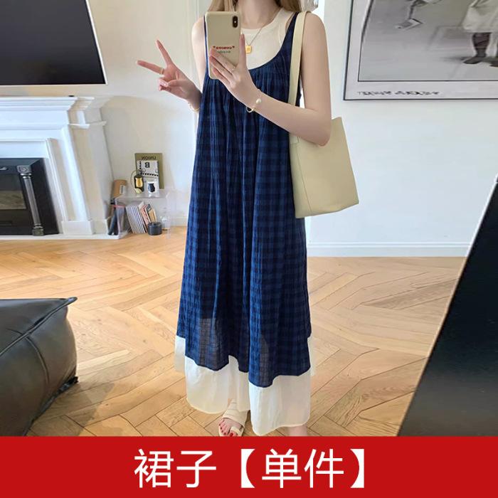 Blue plaid sleeveless dress French literary style Mori retro small fresh holiday suspender vest long dress S