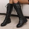 Women Knee High Long Boots Round Toe Thick Mid Heels Buckle Lace-up Zipper Gogo Boots Ladies Fashion Shoes Autumn Winter 46