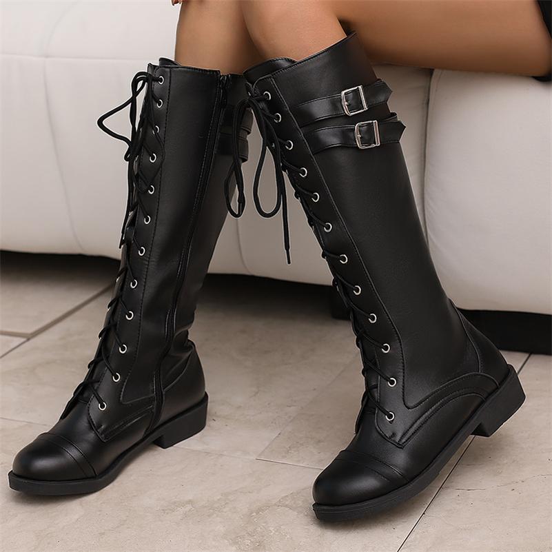 Women Knee High Long Boots Round Toe Thick Mid Heels Buckle Lace-up Zipper Gogo Boots Ladies Fashion Shoes Autumn Winter 46