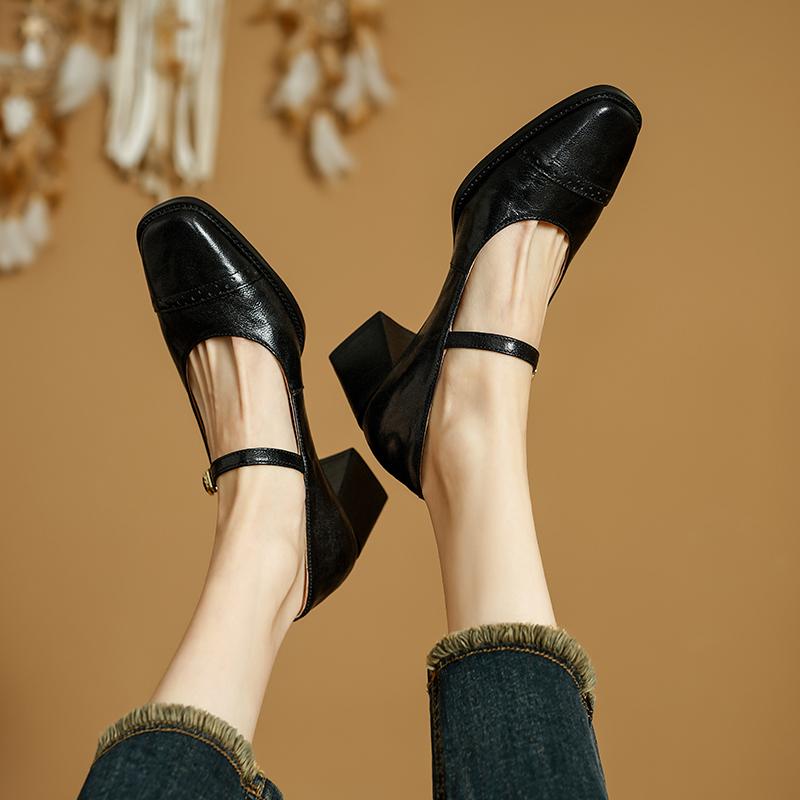Fashion 2025 New Cow Leather Women Dress Shoes Chunky Heel Retro Mary Janes Shoes Shallow Round Toe Pumps Ankle Strap Ladies Office Shoe