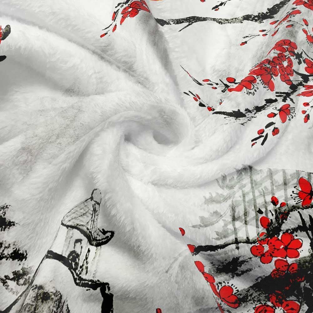 Japanese Cherry Blossom Blanket, Asian Japanese Wave Kanagawa Throw Flannel Blankets for Couch & Bed, Asian Anime Mount Red Sun