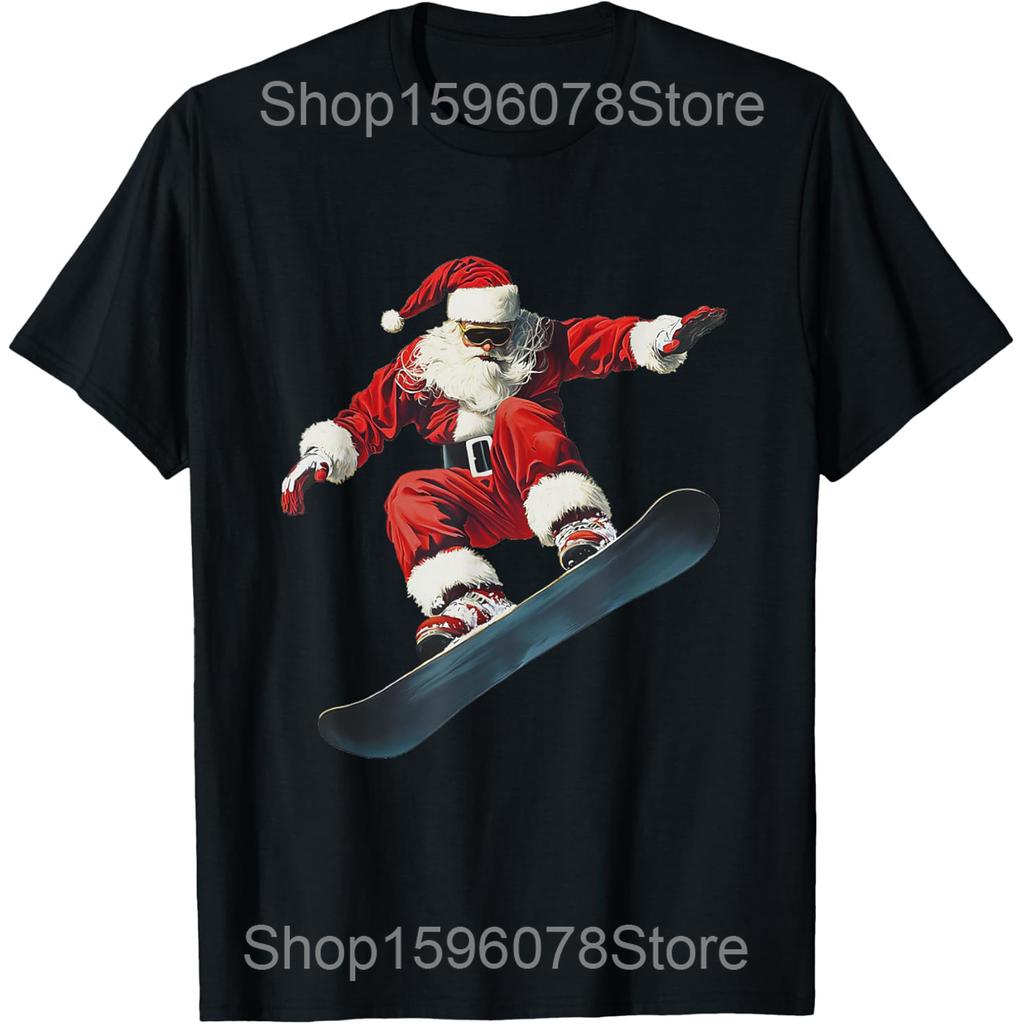 Christmas Santa Snowboard Snowboarding Snowboarder T-shirts Men Casual 100% Cotton Oversized Crewneck Collar Hip Hop T Shirt