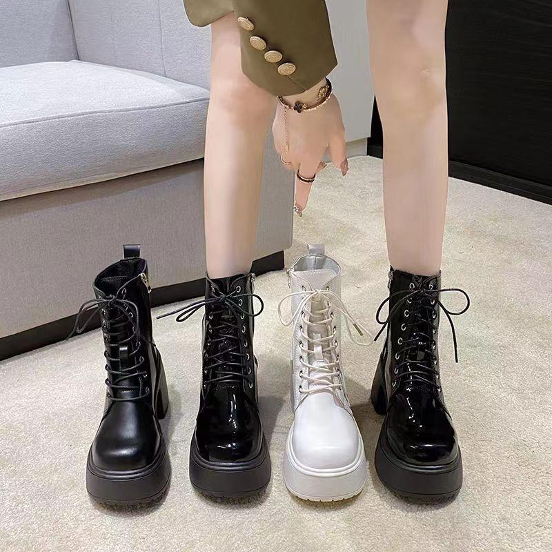Round head thick heel lace-up Martin boots women's high heel waterproof platform platform platform short boots small retro white soft leather boots