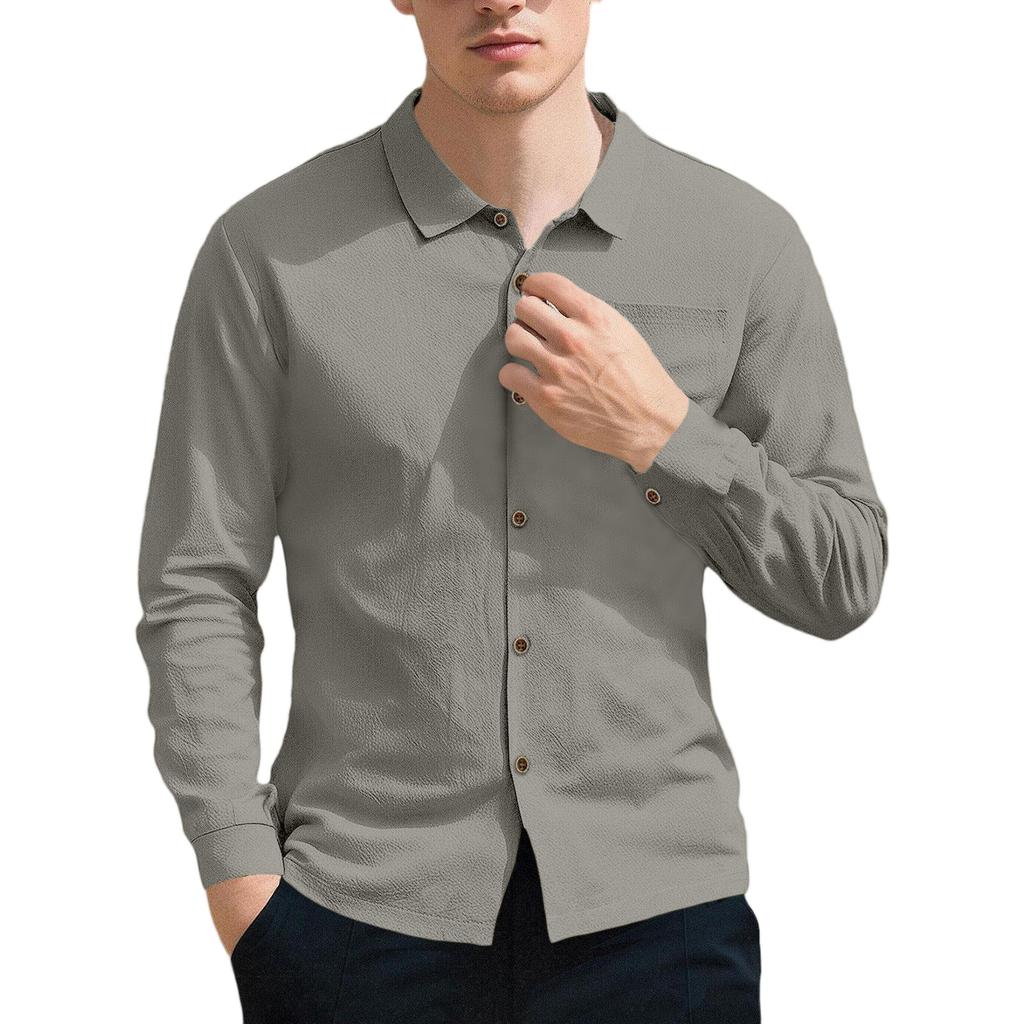 Mens Cotton Linen Shirt Spread Collar Spring Fall Button Down Shirt Lightweight Breathable Casual