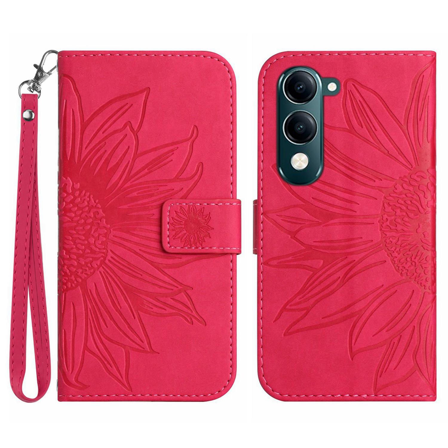 

For vivo Y04 4G/Y29s 5G Case Sunflower Imprint Leather Wallet Phone Cover with Wrist Strap Rose