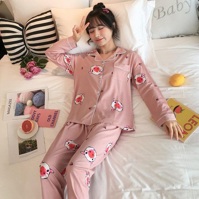 Spring And Autumn Pajamas Women'S Cardigan Long-Sleeved Trousers Korean Girls' Simple Cartoon Loungewear Suit Can Be Worn Outside