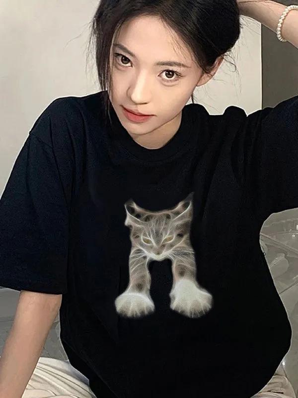 100% Pure Cotton Women's Cat Print Short Sleeve T-Shirt, Plus Size, Slimming Round Neck, Summer 2024 Collection.