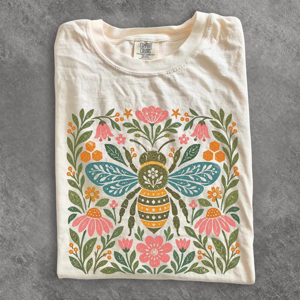 Honey Bee T-Shirt, Folk Art Nature Tee, Floral Bee Graphic, Garden Pollinator Gift, Cottagecore Wildlife Shirt, Comfort Colors Shirt