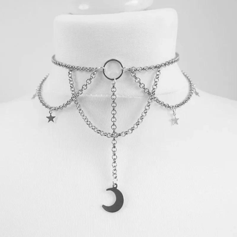 Fashion Charm Sliver Color Moon Star Chain Tassel Pendant Black Velvet Double Layer Choker Necklace for Women Goth Jewelry Gifts