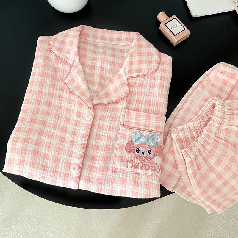 

Japanese sweet pink plaid Melody pajamas women s summer short-sleeved shorts cardigan set can be worn outside loungewear S