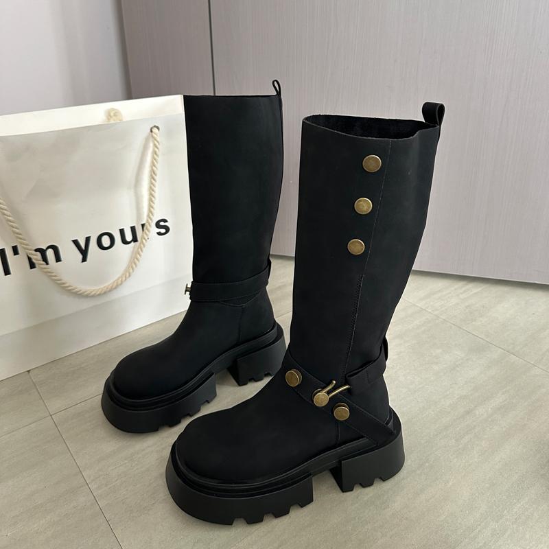 Winter Vintage Platform Thick Sole Woman Suede Knight High Boots Concise Belt Buckle Shoes Ladies Slip On Slim Modern Long Botas