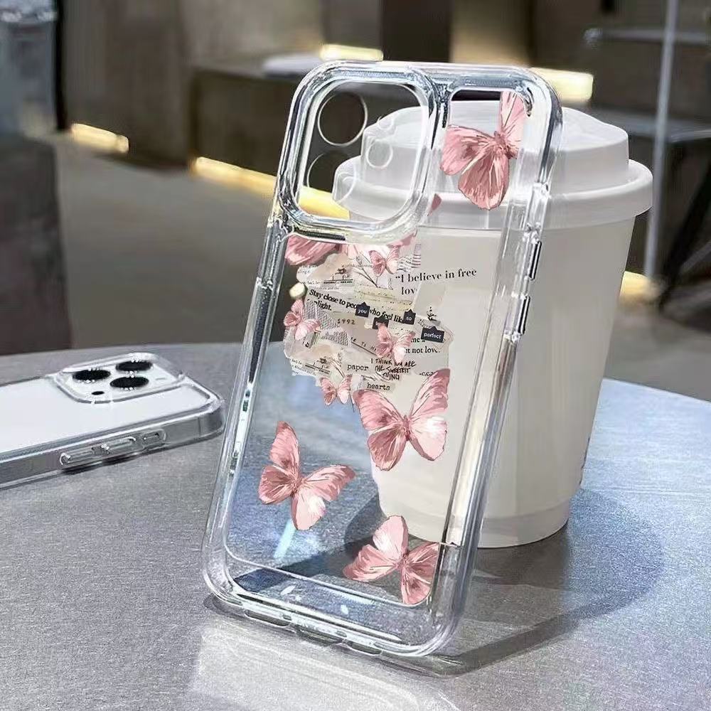 Super fairy pink butterfly suitable for iphone16promax mobile phone case transparent apple 15 anti-drop 14pro13/12