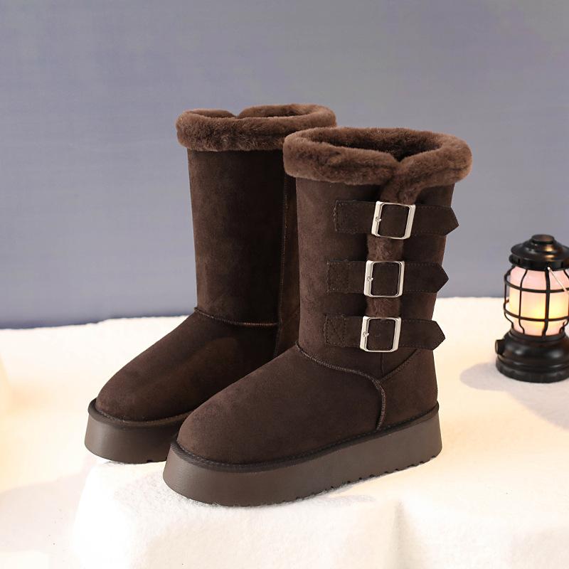 

Женские легкие зимние утепленные флисовой подкладкой сноубутсы на массивном каблуке, нескользящие, повседневные, спортивные, из замши, до середины икры, хлопковые сапоги 40 темно-коричневого