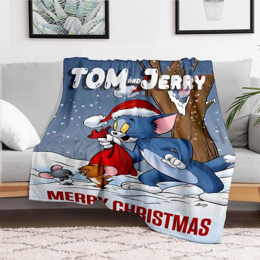 Tom and Jerry Christmas CardBlanket Flannel Throw Blanket for Sofa, Bed, Travel, Camping, Office