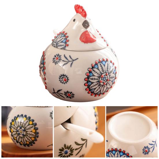 Ceramic Spice Jar 400ml Rooster Shape Cookie Jar with Lid Hand-Painted Floral Pattern Kitchen Container for Salt Sugar Pepper And Snacks Storage