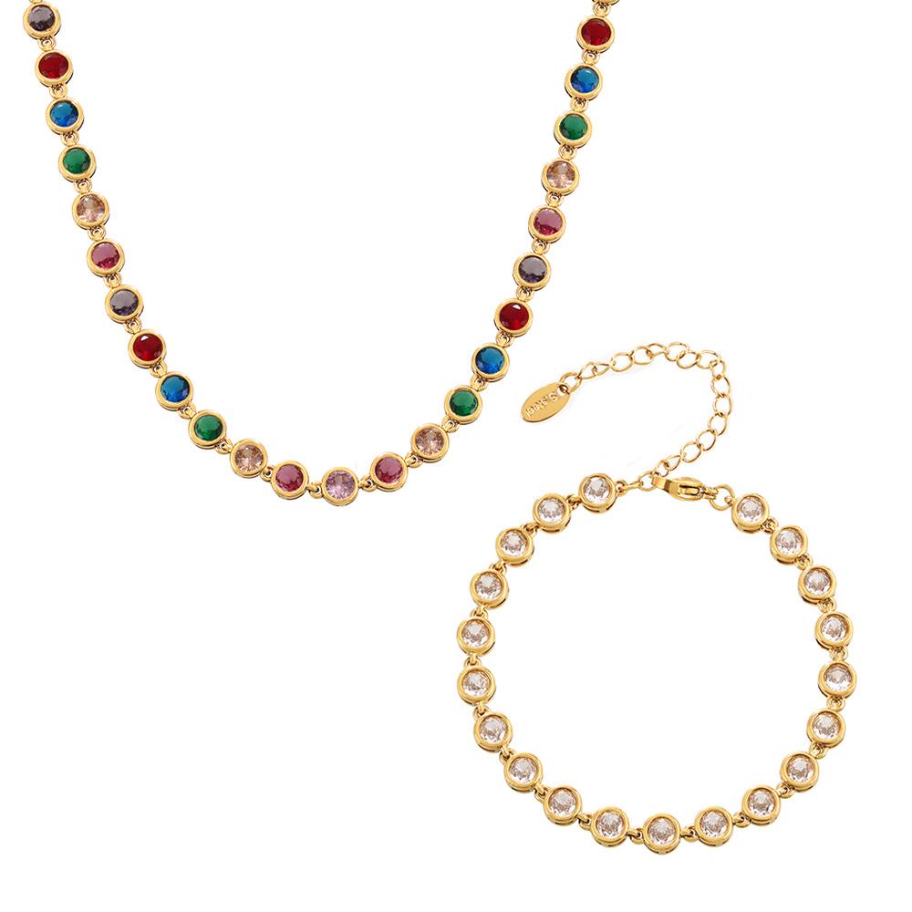 Bohemian Zircon Jewelry Set: Colorful Beads, Round Necklace & Bracelet, Titanium Steel with PVD Plated 18K Gold.