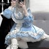 Japanese Gothic Lolita OP Dress Women Kwaii Bow Ruffles Blue White Patchwork Princess Dresses Girl Harajuku Tea Party Mini Dress