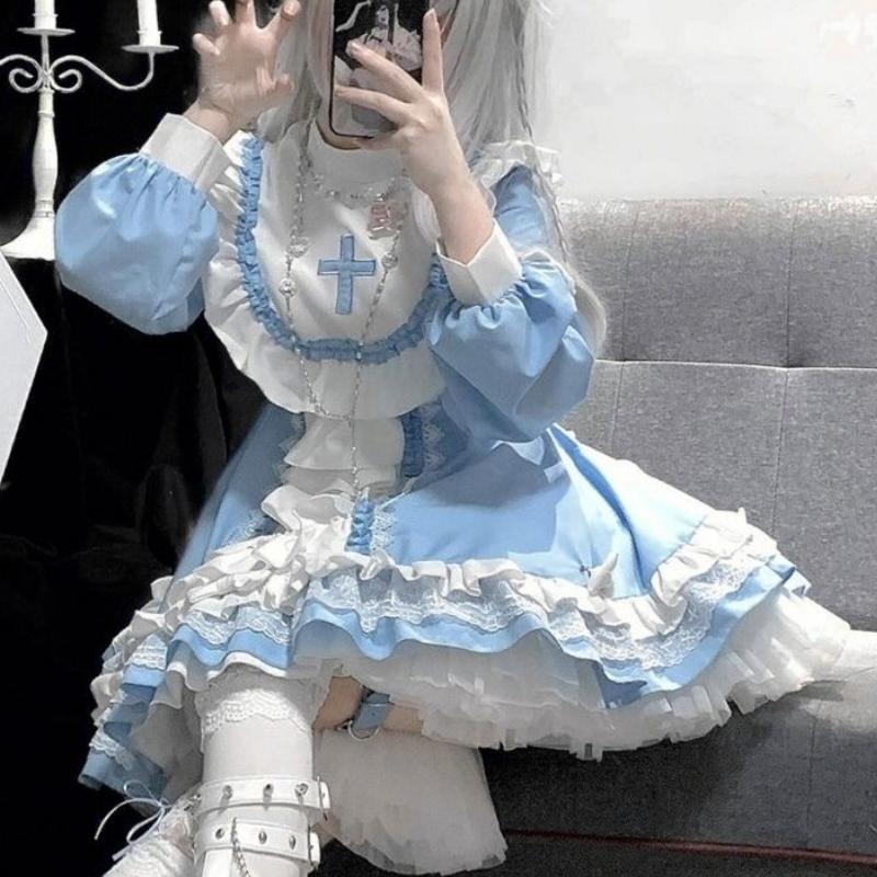 Japanese Gothic Lolita OP Dress Women Kwaii Bow Ruffles Blue White Patchwork Princess Dresses Girl Harajuku Tea Party Mini Dress
