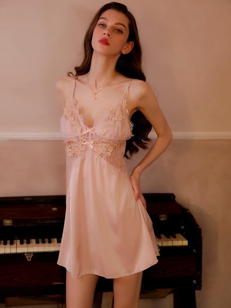 Pijamale sexy pentru femei, mătase de gheață, stil subțire de vară, cu burete la piept, decolteu adânc în V, spate gol cu dantelă, nou tip de rochie de noapte cu bretele