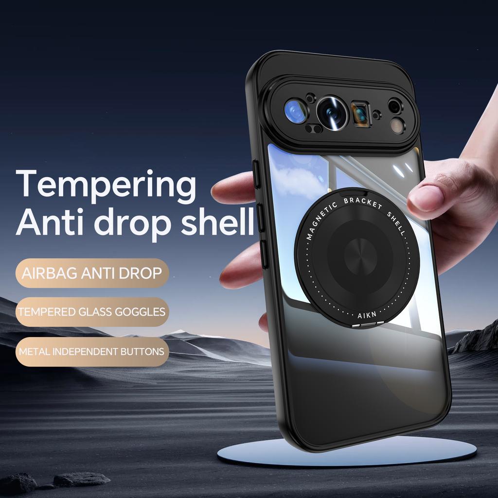 For Google Pixel 9 Pro XL Magnetic Case PC+TPU Phone Cover with Rotating Metal Kickstand,Lens Protector