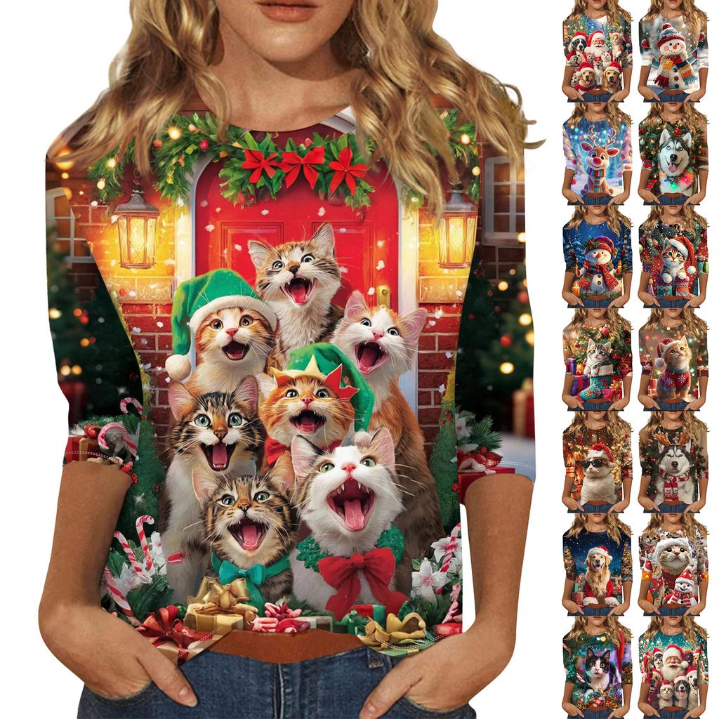 Dámské módní a ležérní top s tříčtvrtečním rukávem a vánočním potiskem s kulatým výstřihem