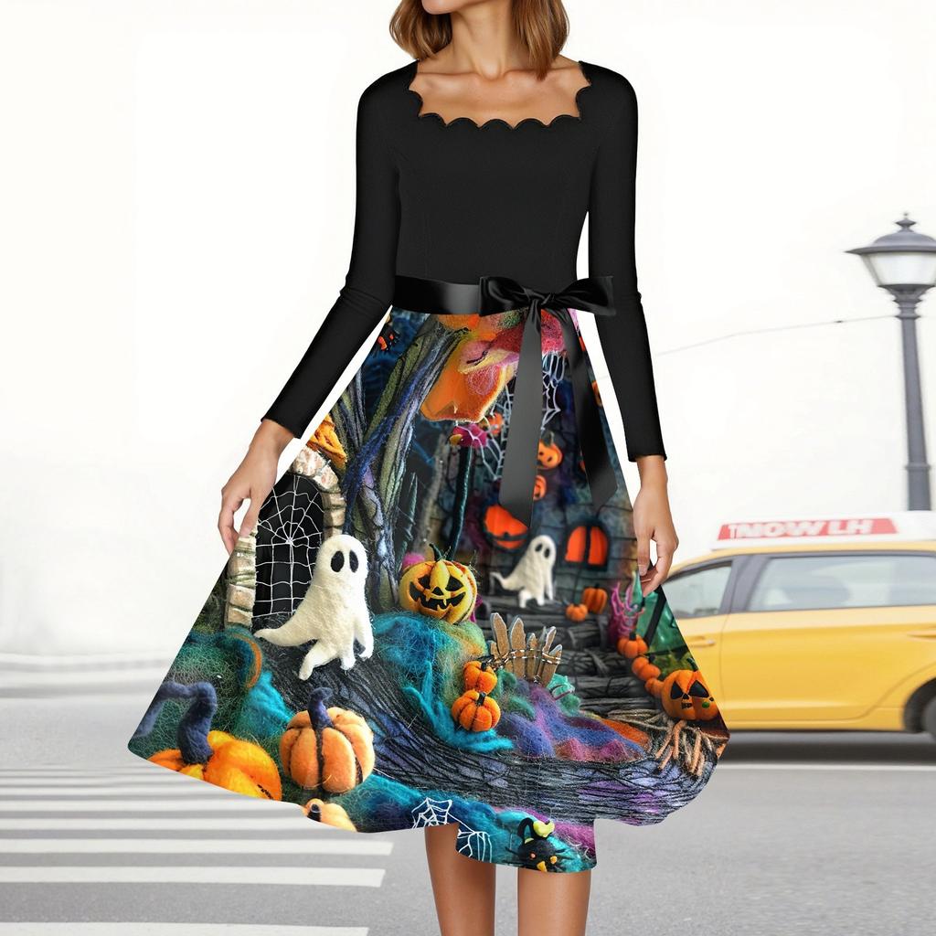 Women's Casual Fashion Halloween Printed Square Neck Vintage Dress