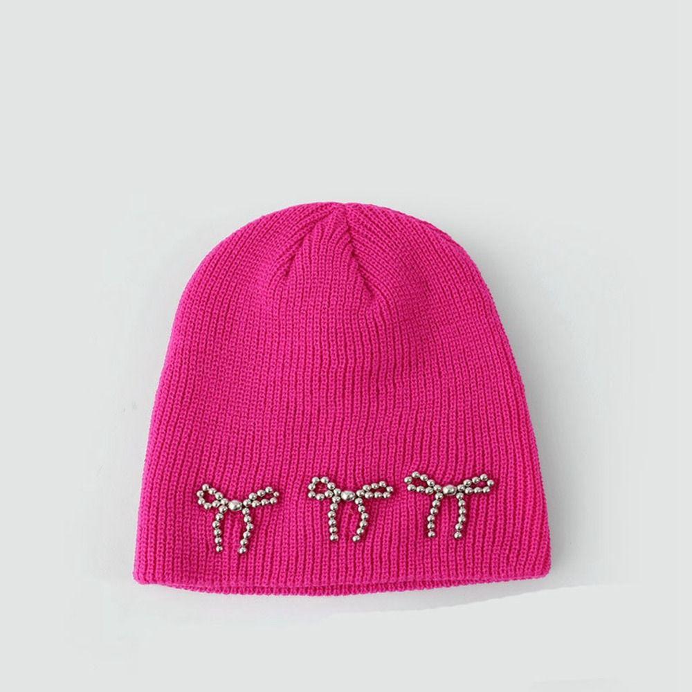

Bowknot Pearl Bow Beanies Warm Cap Knit Cap Retro Knitted Hat Outdoor рожевий червоний колір