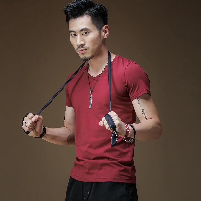 Men's Black V-Neck Slim Cotton T-Shirt - Short-Sleeved Summer Trend
