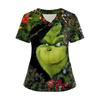Women's Short Sleeved Christmas Printed V-neck Buttonable Side Slit Top T-shirt