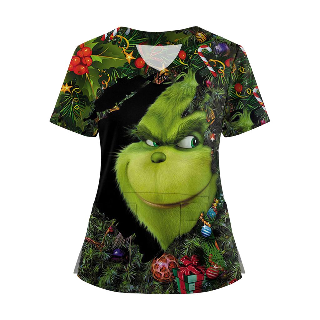 Women's Short Sleeved Christmas Printed V-neck Buttonable Side Slit Top T-shirt