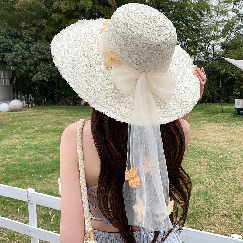 Summer Bow Sun Hat Female, Seaside Beach Vacation Sun Hat Outdoor Big Brim Sun Hat Sweet Straw Hat