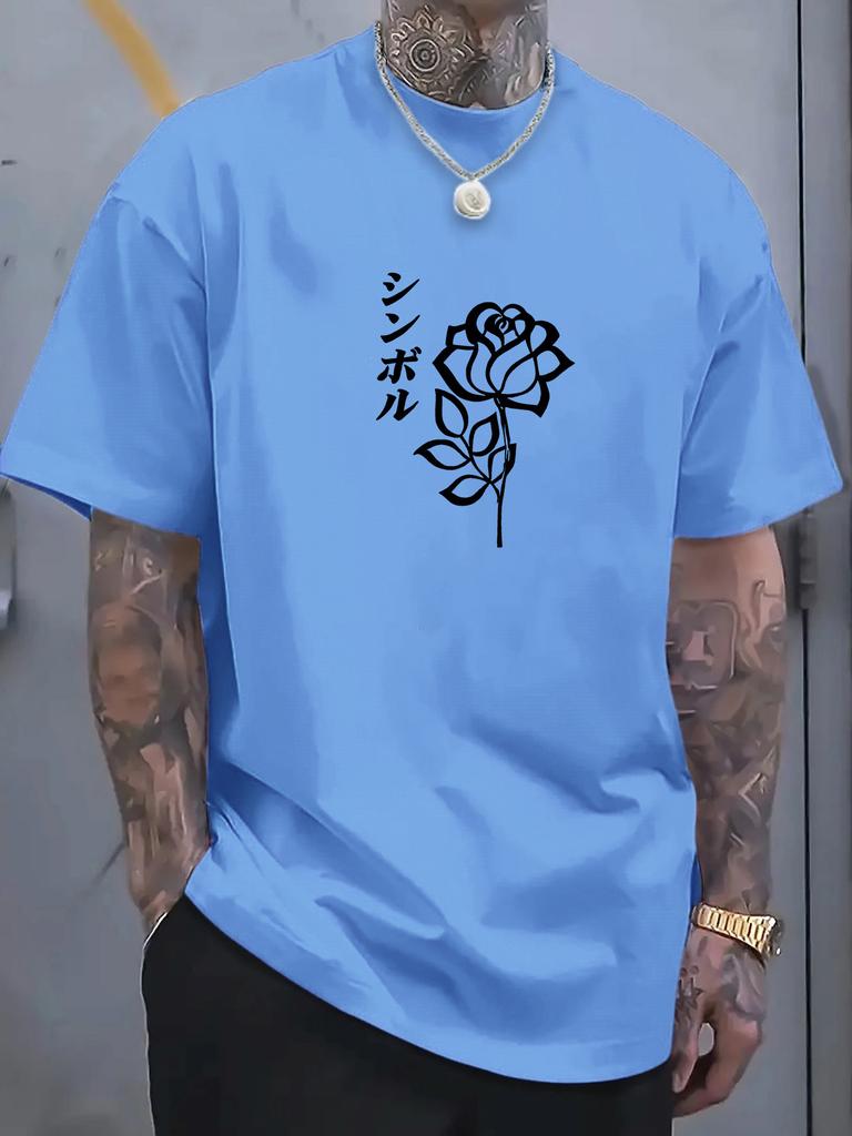 Unisex Rose Outline Japanese Word Print Crew Neck Short Sleeve Oversized Loose Casual Summer Streetwear Daily Basic Comfort T Shirt
